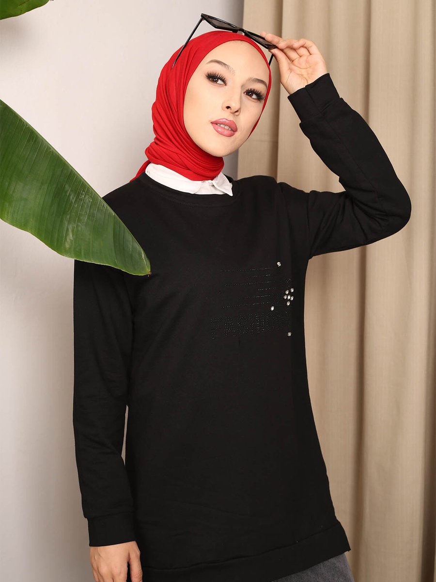 İmajbutik Siyah Taşlı İki İplik Sweatshirt