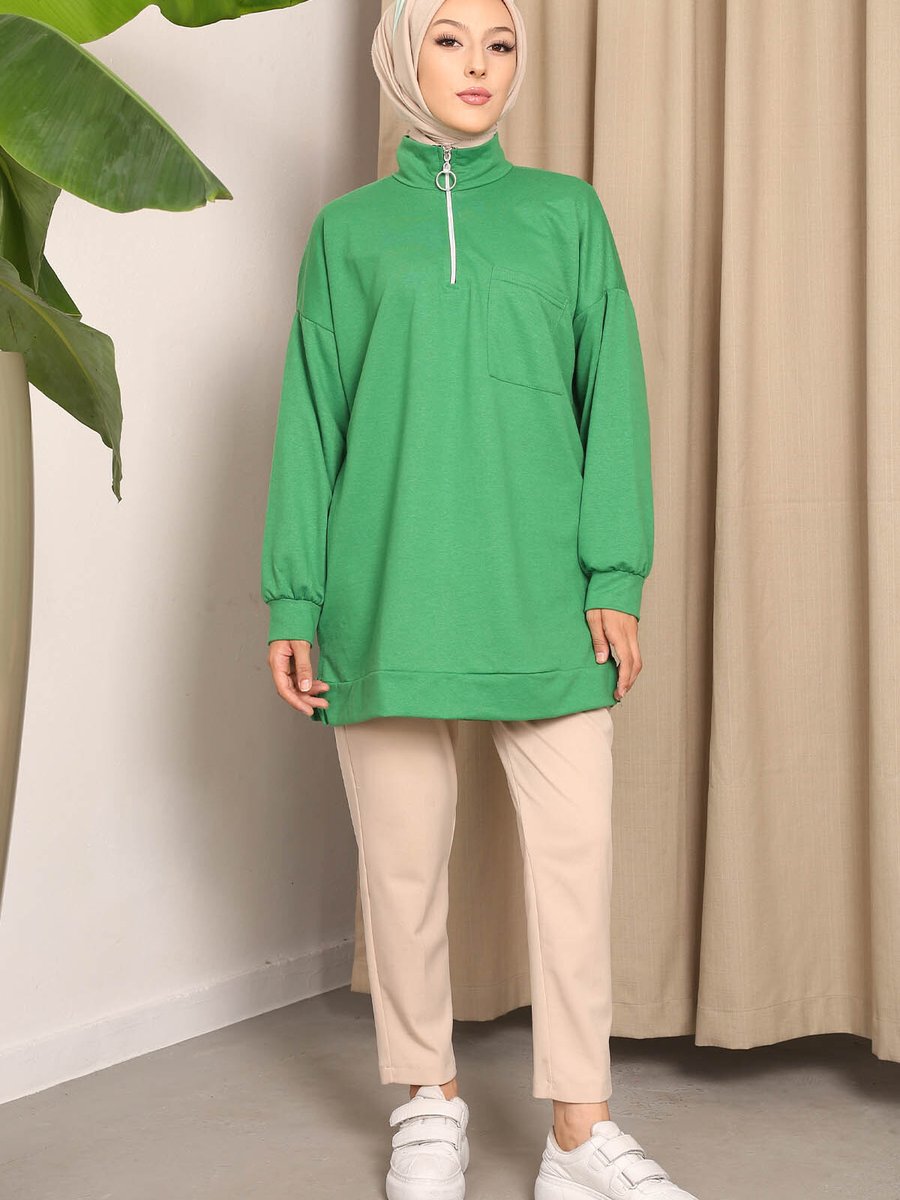 İmajbutik Yeşil Yaka Fermuarlı İki İplik Sweatshirt