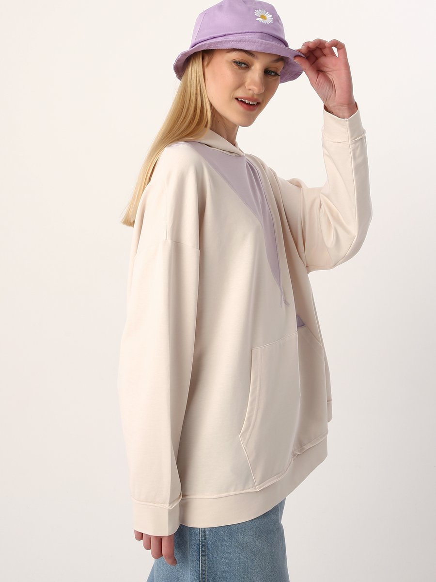 Allday Ekru Kapüşonlu Garnili Oversize Sweatshirt