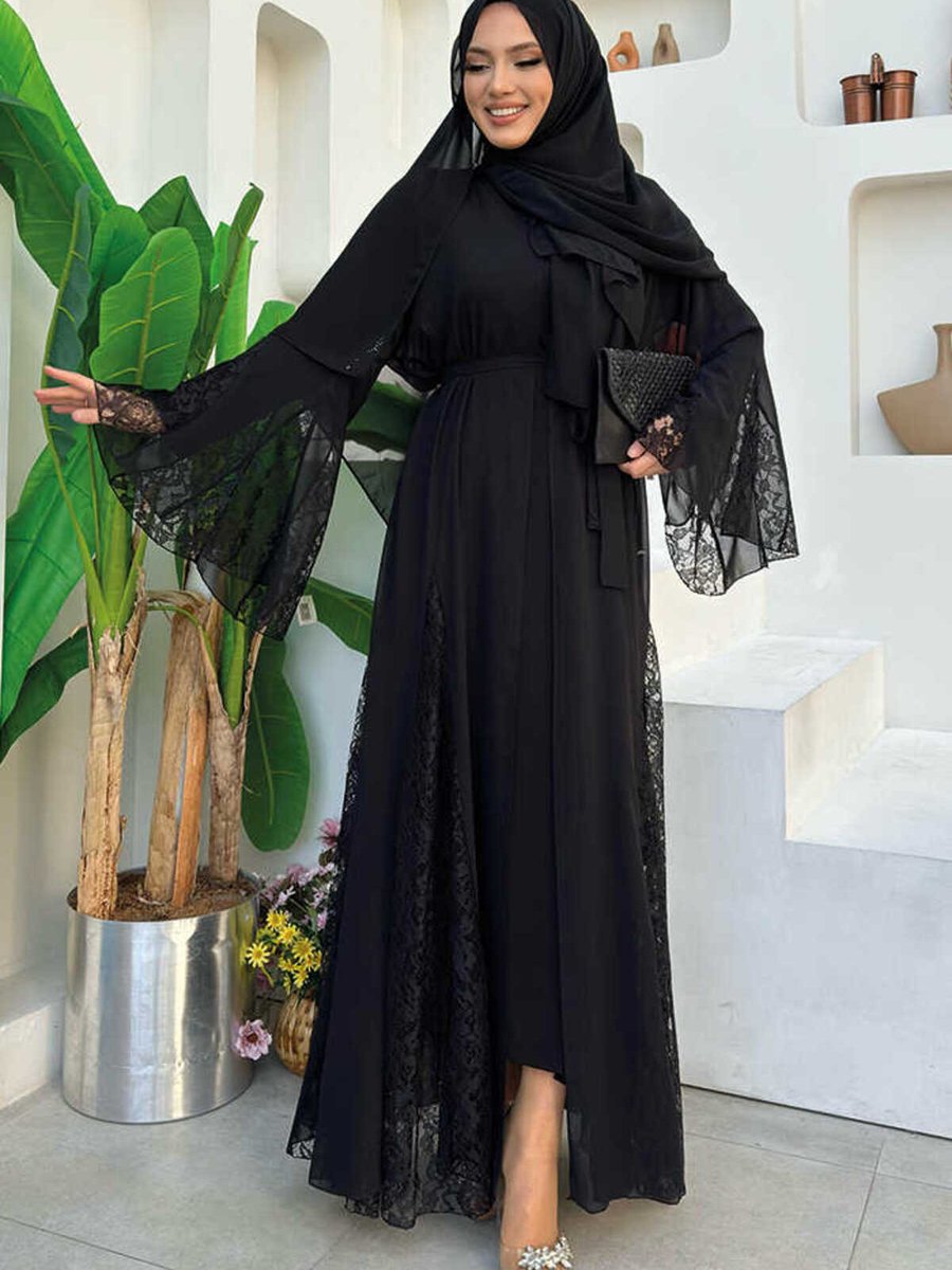 Bym Fashion Dantel İşleme Detay Kuşaklı Şifon Abaya Siyah