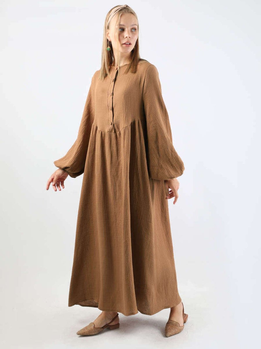 Zülays Robası Düğmeli Müslin Elbise Camel