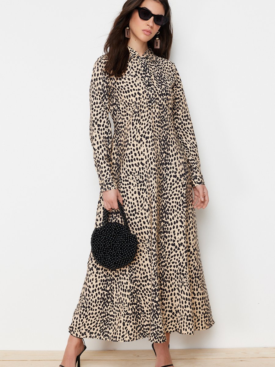 Trendyol Modest Bej Animal Desenli Viskon Dokuma Elbise