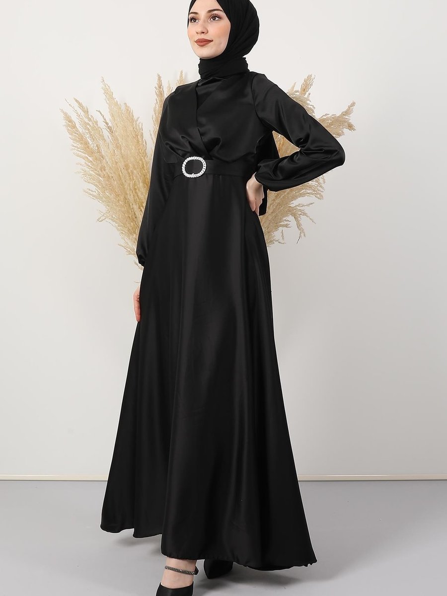 Giza Giyim Kuşaklı Saten Abiye Elbise Siyah