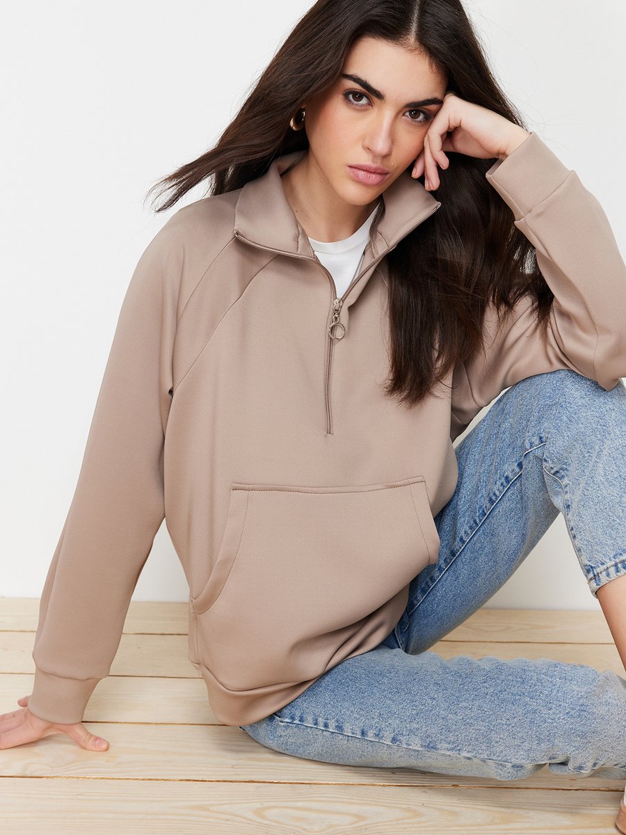 Trendyol Modest Vizon Kanguru Cepli Fermuar Detaylı Scuba Örme Sweatshirt