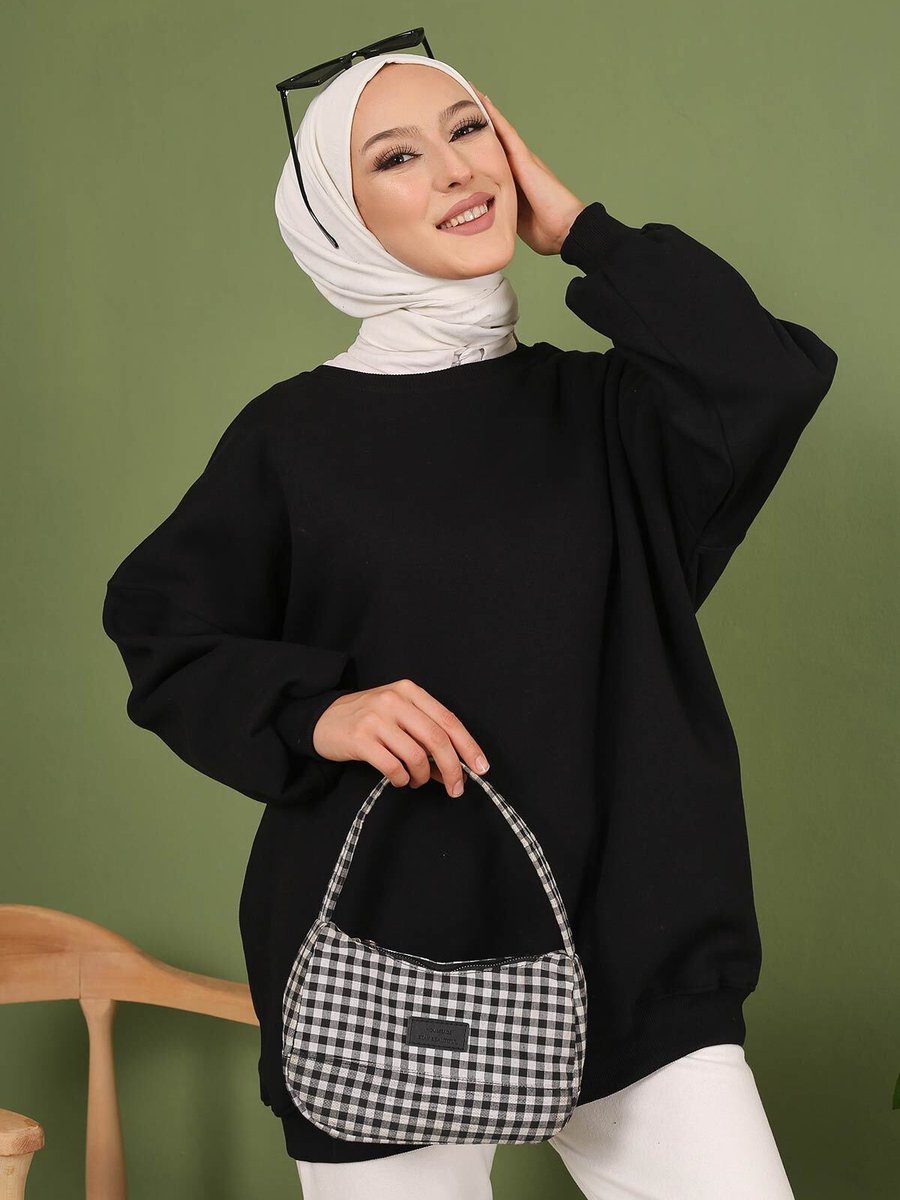 İmajbutik Siyah Oversize Bisiklet Yaka Üç Iplik Şardonlu Sweatshirt