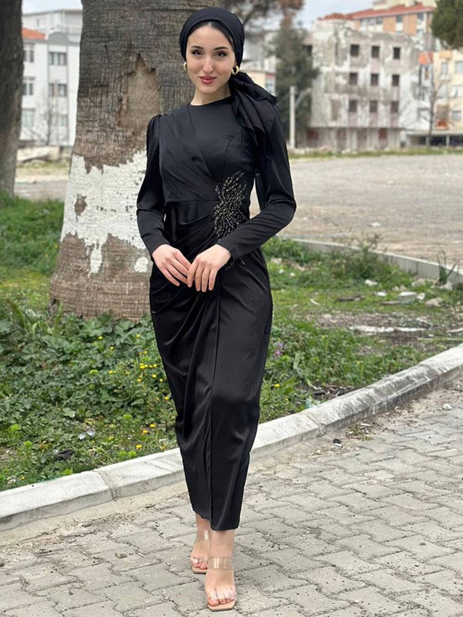 Moda Rosa Siyah Drapeli Taşlı Saten Abiye Elbise