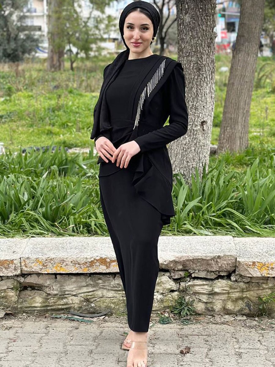 Moda Rosa Siyah Puane Drapesi Taşlı Abiye Elbise