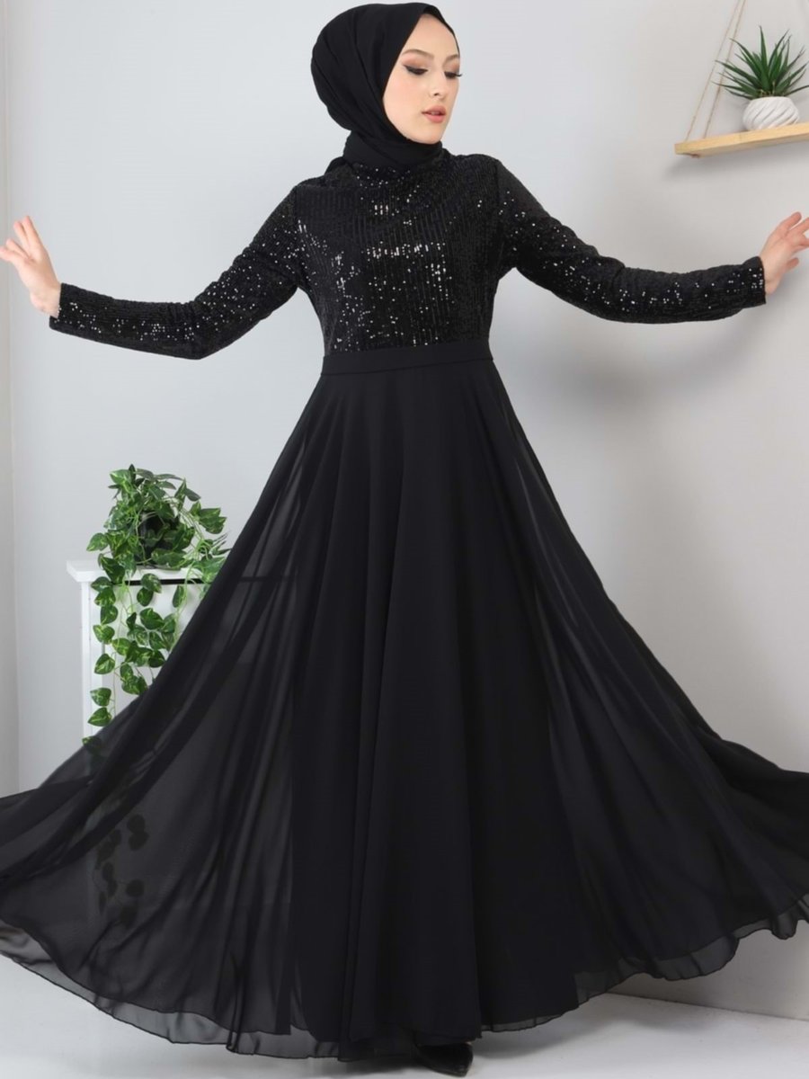 Modamihram Pulpayetli Şifon Abiye Elbise Siyah