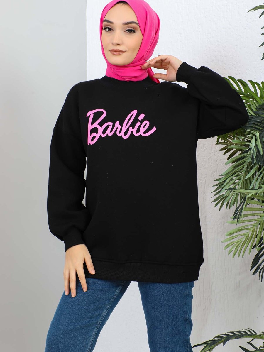 İmajbutik Siyah Barbie Baskılı Üç Iplik Sweatshirt