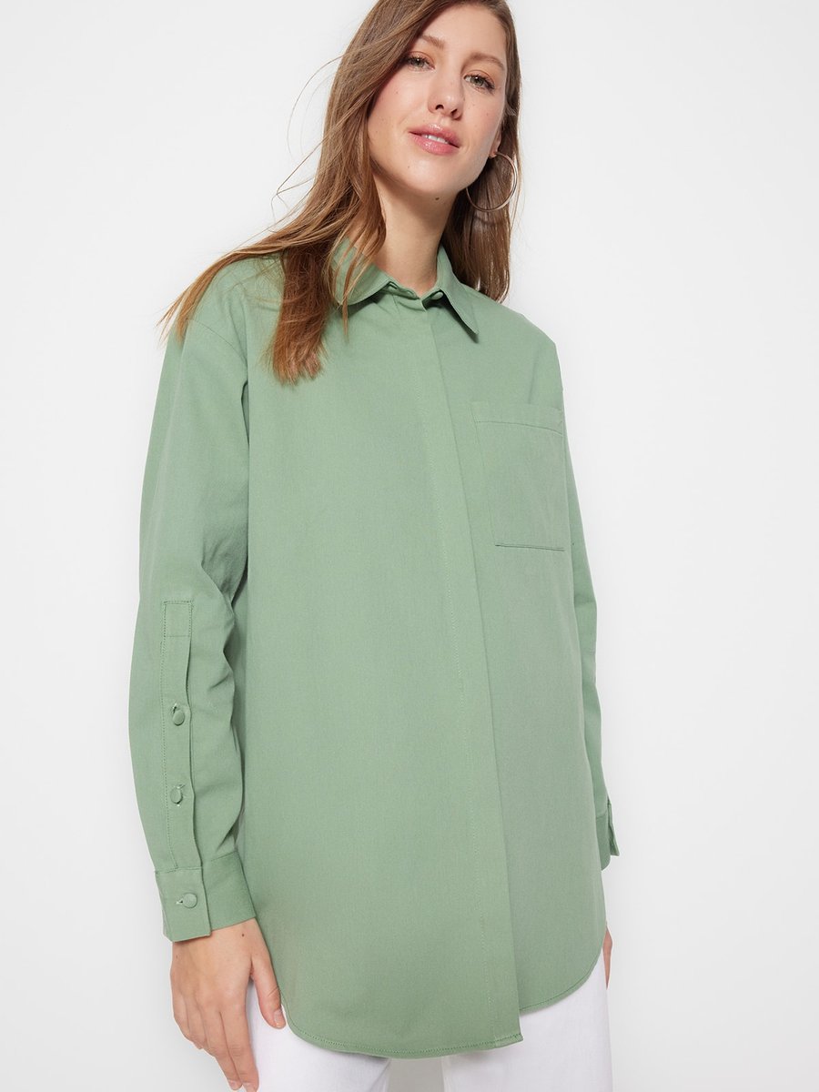 Trendyol Modest Haki Dokuma Gabardin Pamuklu Gömlek