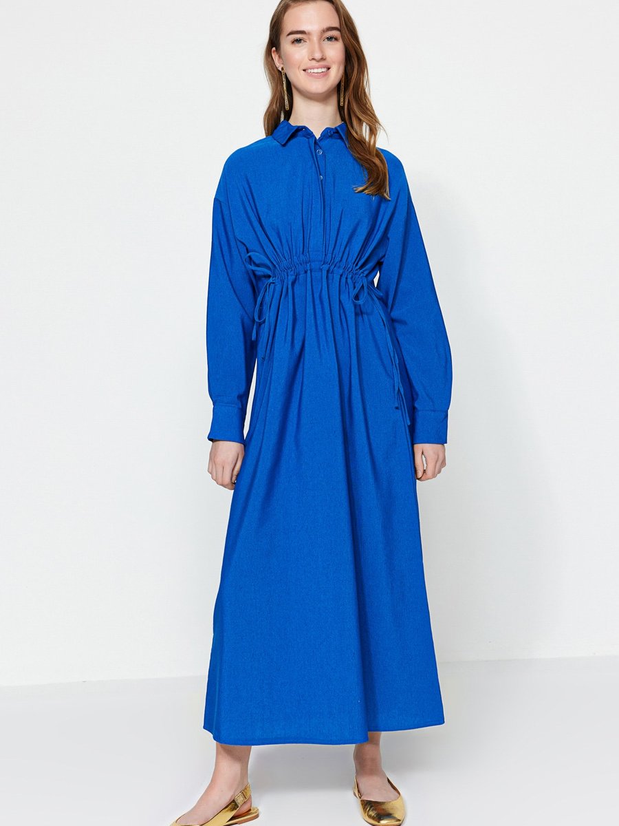 Trendyol Modest Saks Büzgü Detaylı Yarım Pat Keten Karışımlı Dokuma Elbise