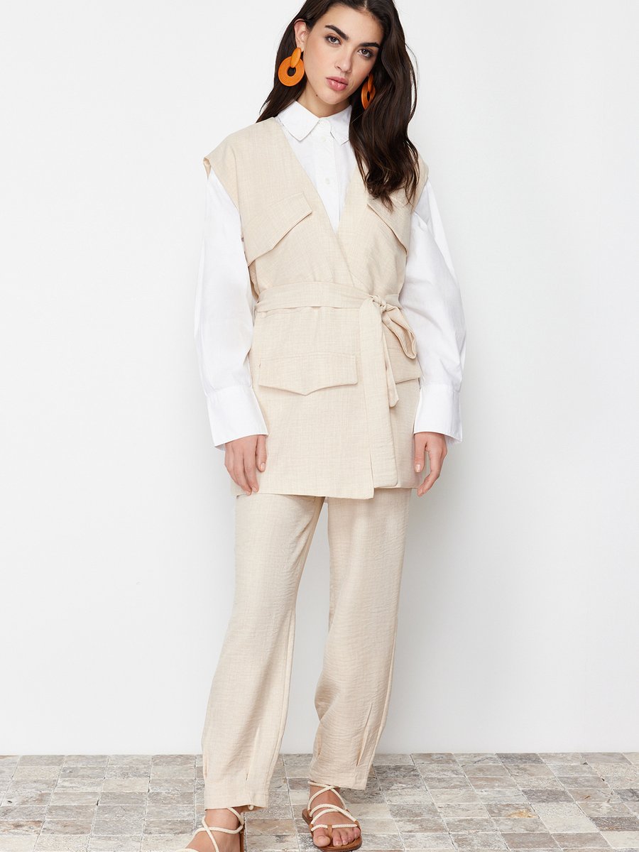 Trendyol Modest Taş Keten Görünümlü Dokuma Yelek Pantolon Alt Üst Takım