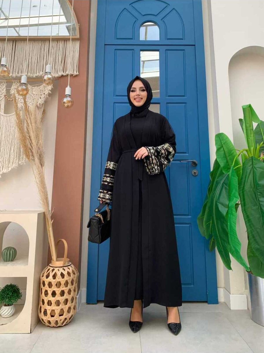 Bym Fashion Kol İşlemeli Bel Kuşaklı Abaya Siyah