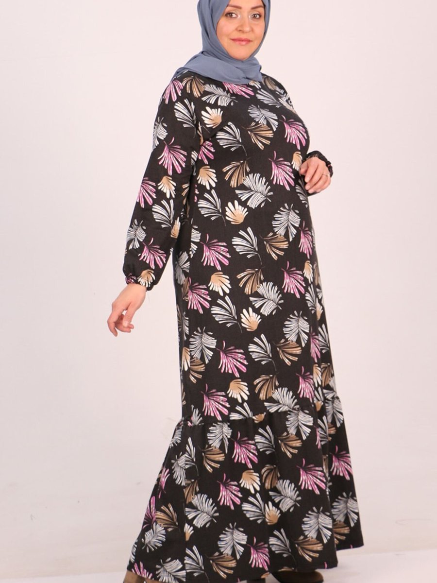 Moda Rosa Yaprak Desen Lila Büyük Beden Eteği Fırfırlı Kristal Elbise
