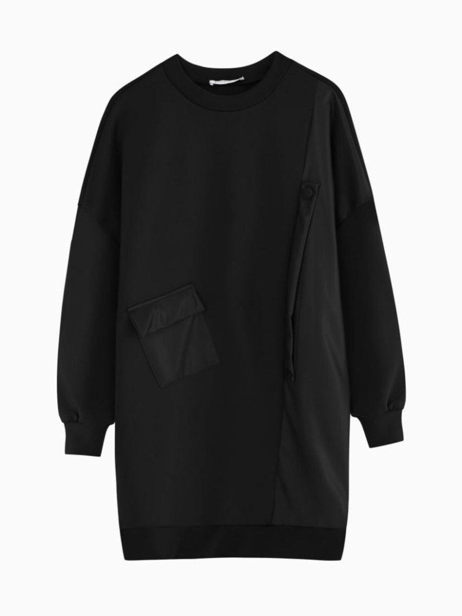 Puane Deri Ve Cep Detaylı Siyah Scuba Sweatshirt