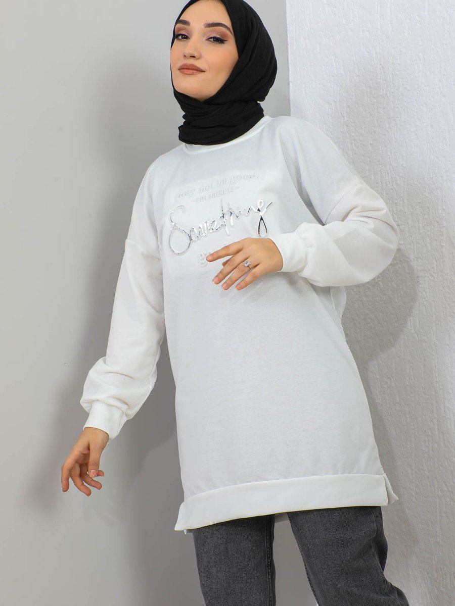 İmajbutik Krem Baskılı İki İplik Sweatshirt