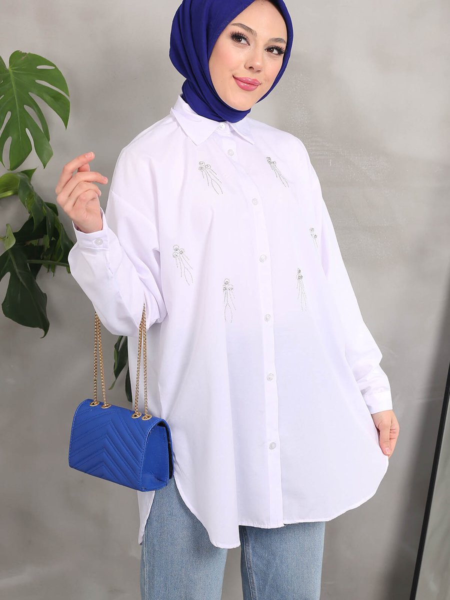 İmajbutik Beyaz Taşlı Yan Yırtmaçlı Terikoton Gömlek