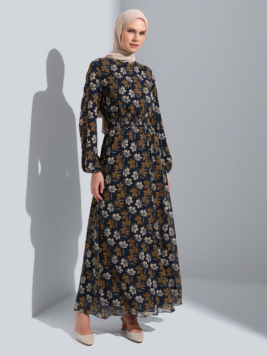 Refka Lacivert Gipe Detaylı Çiçek Desen Şifon Elbise