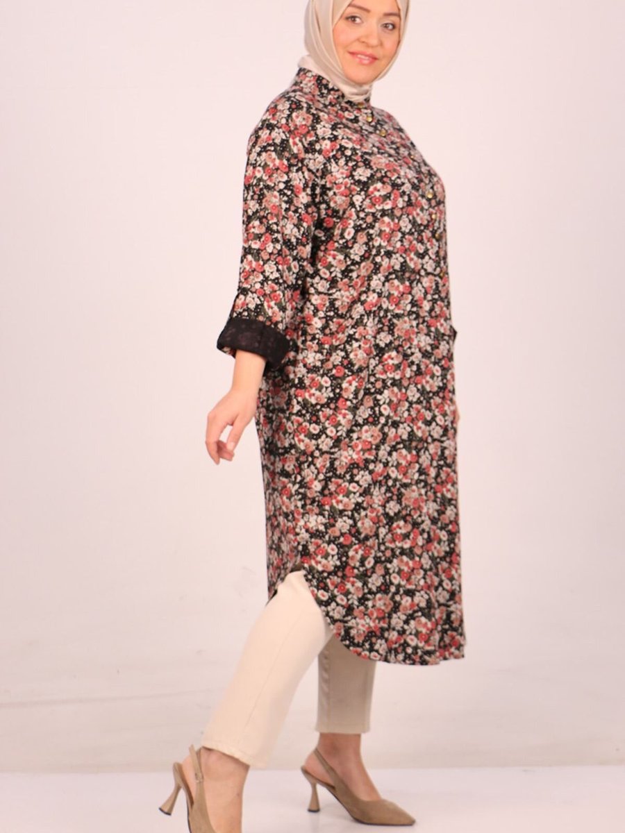 Moda Rosa Çiçek Desen Gül Büyük Beden Yarım Patlı Hakim Yaka Belmando Tunik