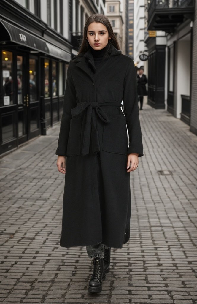 Layda Moda Siyah Cepli Kuşaklı Kaşe Kaban