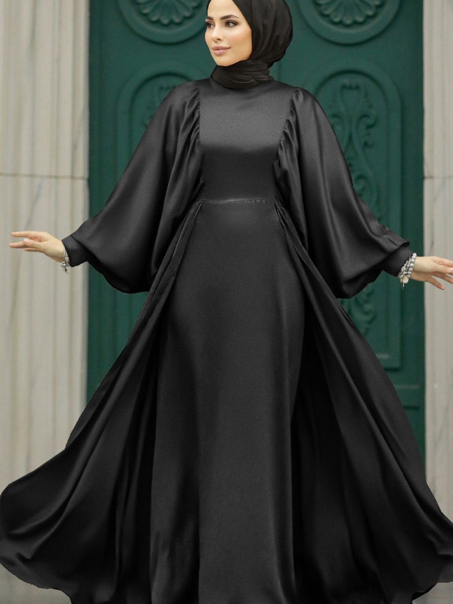 Neva Style Kuyruklu Siyah Saten Abiye Elbise