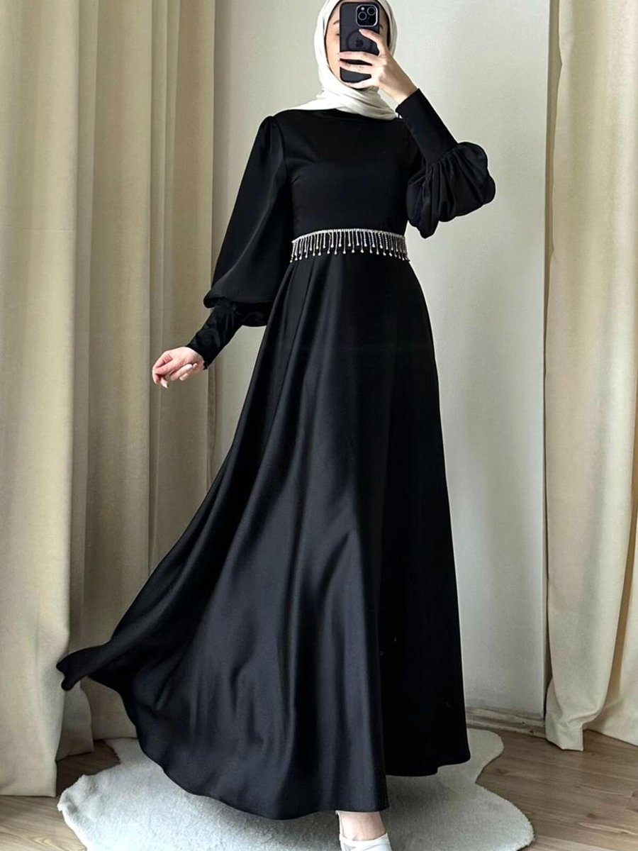 Trendtesettür Kadın Siyah Kemerli Abiye Elbise T