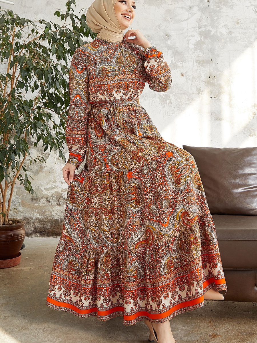 Instyle Oliva Etnik Desen Viskon Elbise Oranj