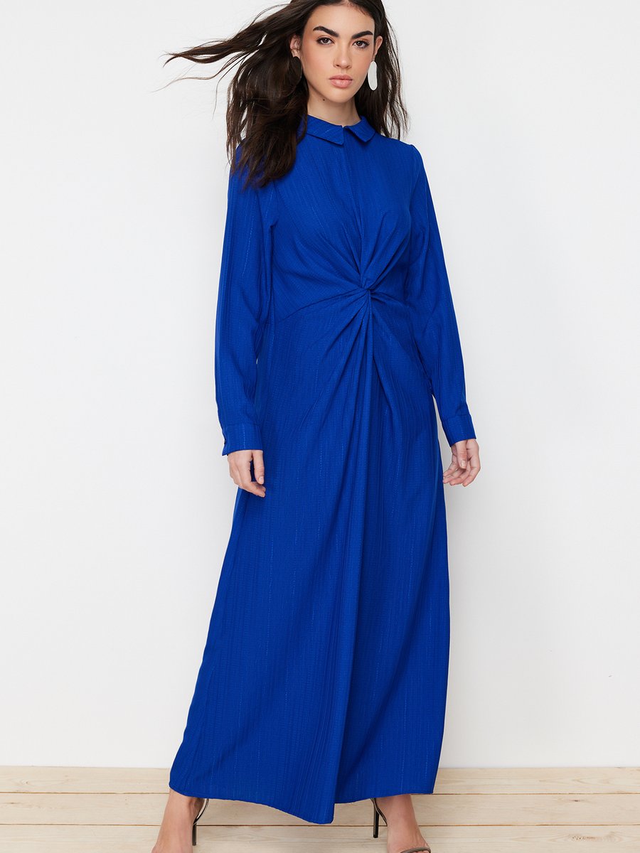 Trendyol Modest Saks Önü Düğüm Ve Fermuar Detaylı Dokuma Elbise