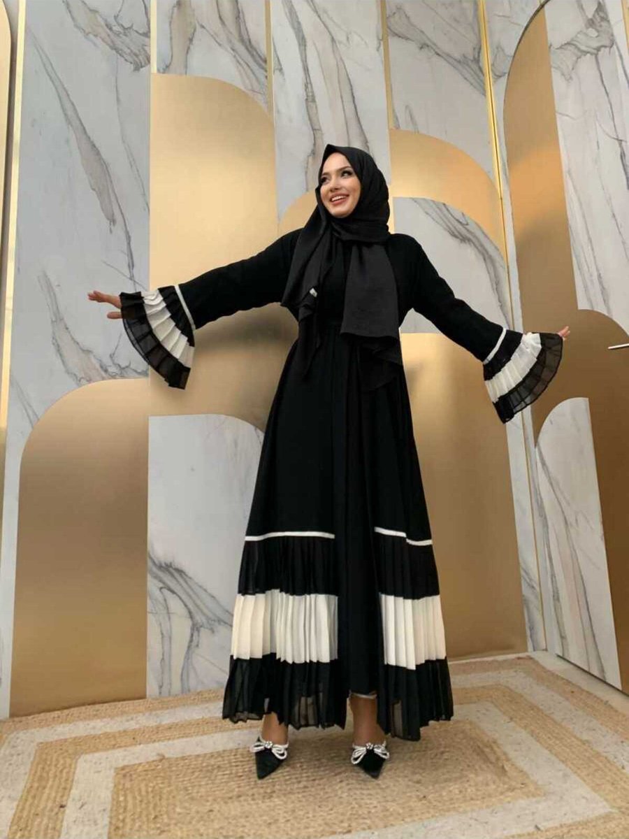 Bym Fashion Kol Ve Etek Ucu İki Renkli Bel Kuşaklı Piliseli Abaya Siyah Beyaz