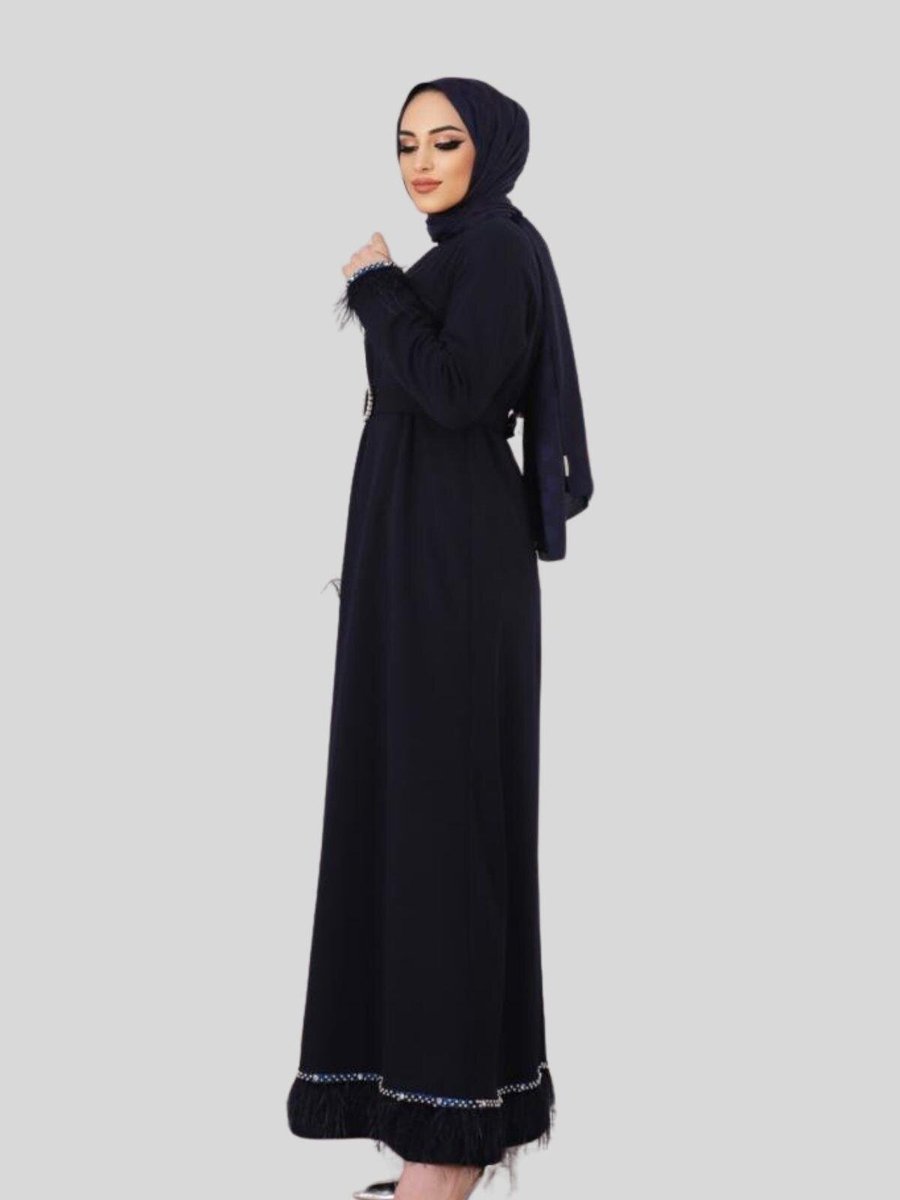 Butik Buruç Siyah Kolu Ve Etek Ucu Püsküllü Kemerli Abiye Elbise