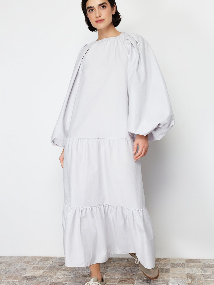 Trendyol Modest Taş Balon Kollu Eteği Katlı Pamuklu Dokuma Elbise