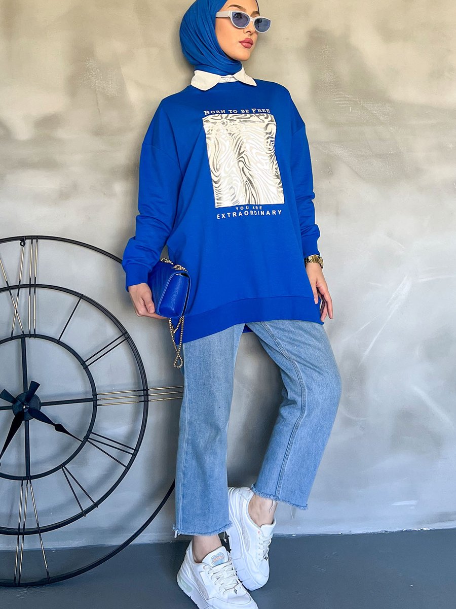 İmajbutik Saks Mavi Baskılı İki İplik Sweatshirt