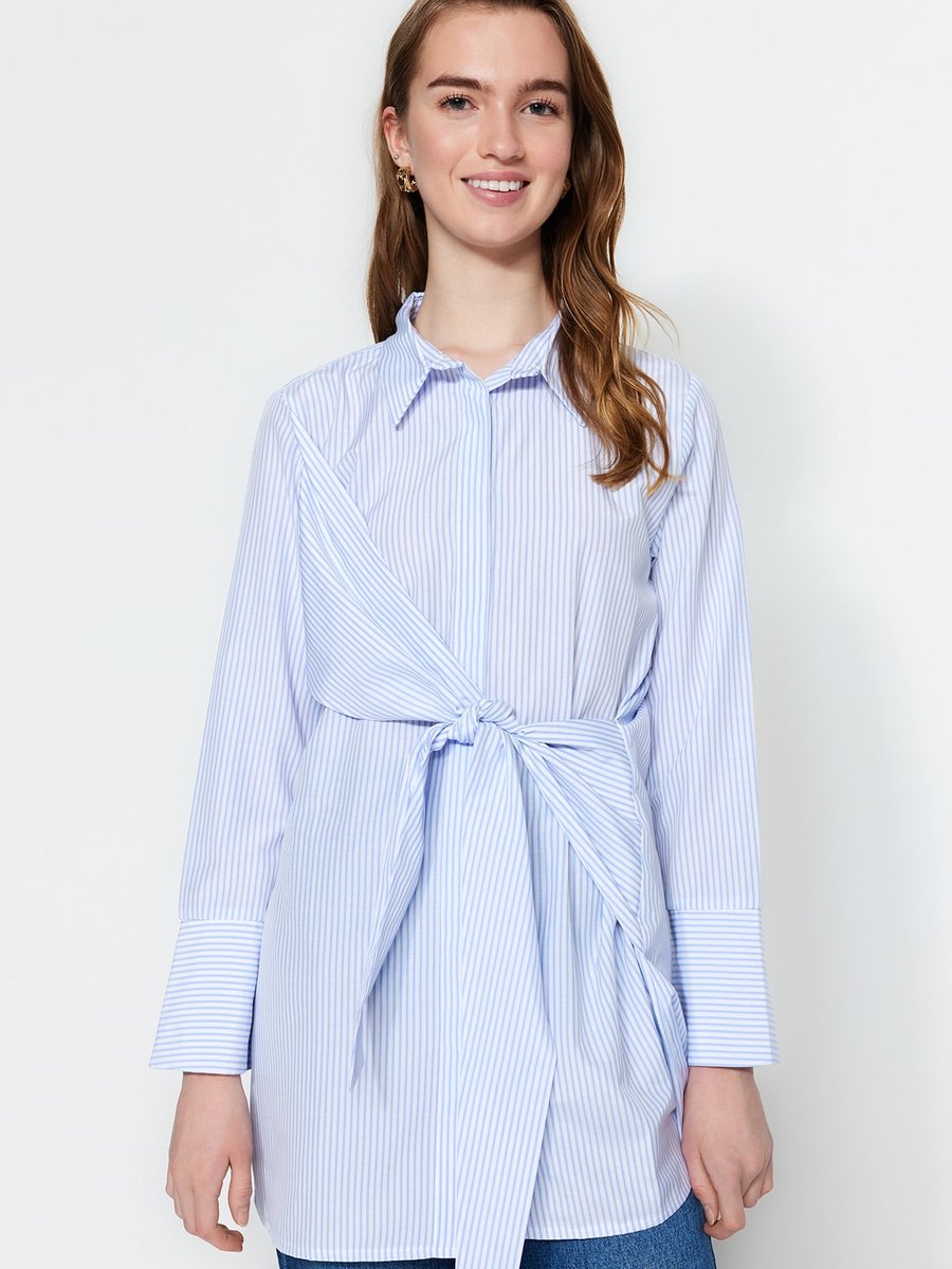 Trendyol Modest Mavi Beli Bağlamalı Dokuma Pamuklu Çizgili Tunik