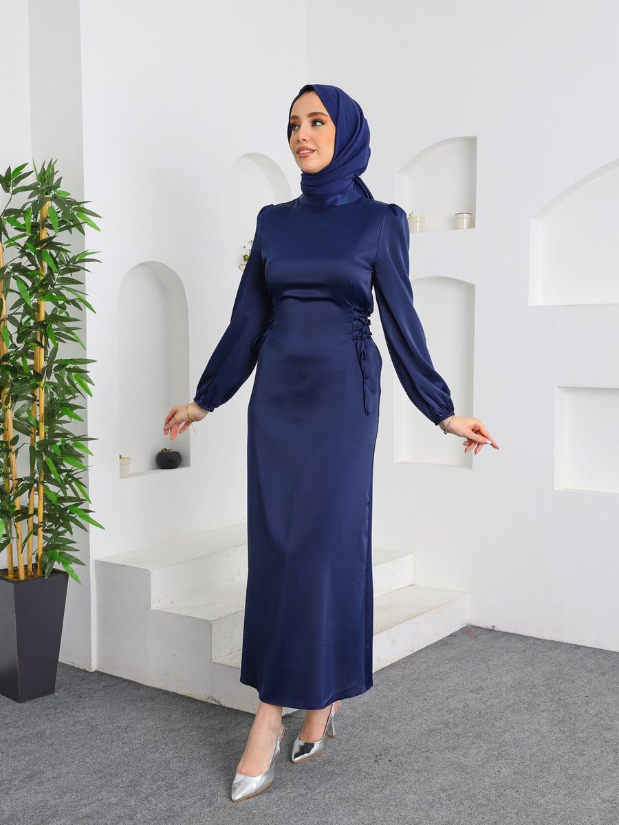 Ensa Tesettür Lacivert Zara Saten Abiye Elbise