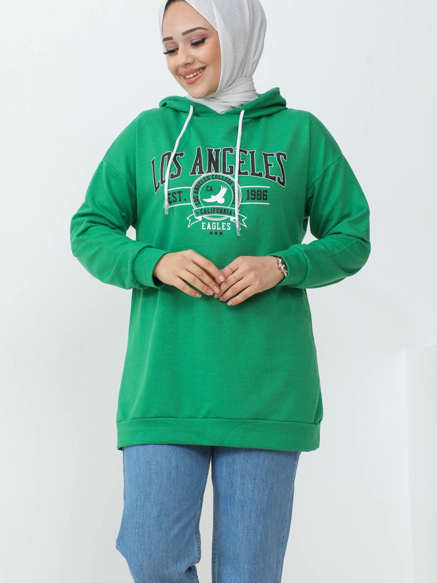 İmajbutik Yeşil Kapüşonlu Los Angeles Baskılı İki İplik Sweatshirt