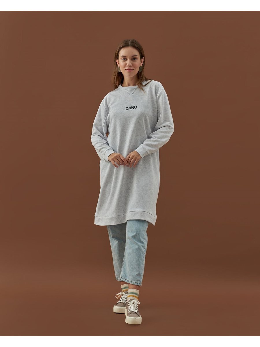 Qanu Nakışlı Sweatshirt Ekru