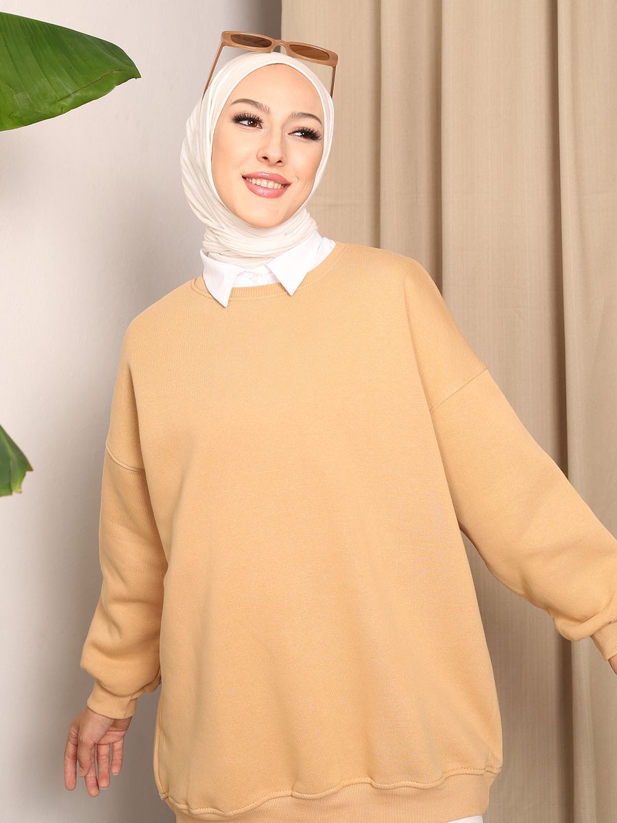 İmajbutik Bisküvi Oversize Bisiklet Yaka Üç İplik Şardonlu Sweatshirt