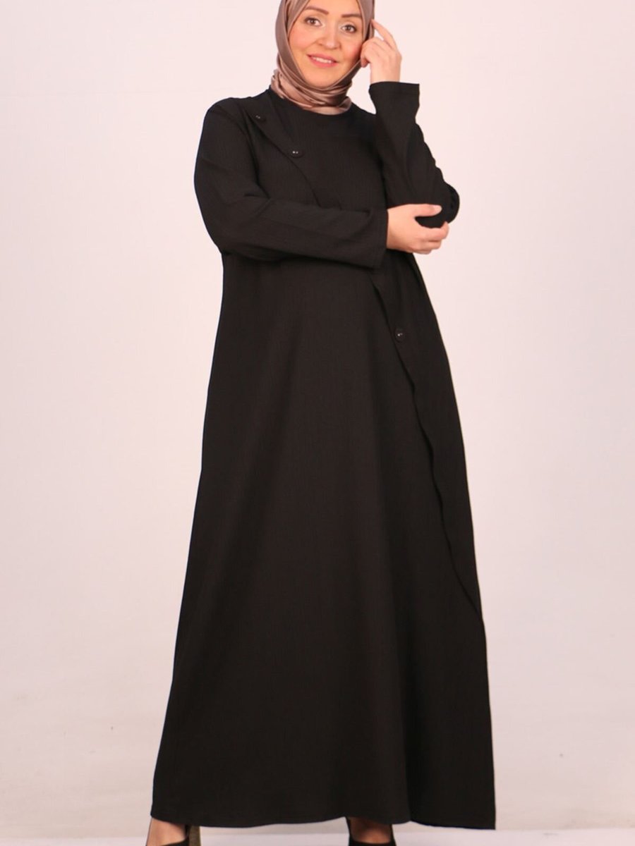 Moda Rosa Siyah Büyük Beden Düğme Detaylı Bürümcük Elbise