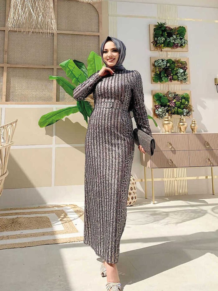 Bym Fashion Kalem Model Bel Kemer Aksesuarlu Pul Payet Abiye Elbise Gri