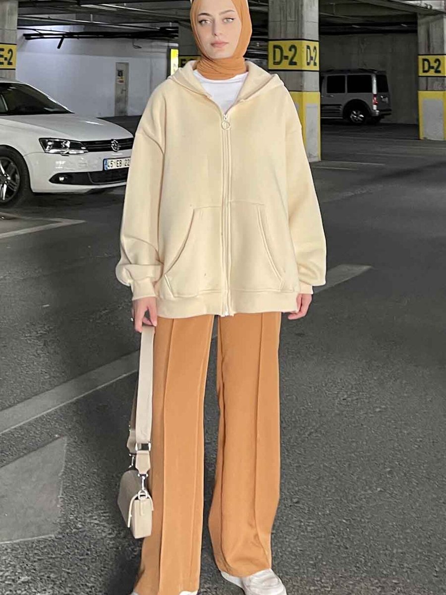 Lamelif Ön Fermuarlı Düz Sweatshirt