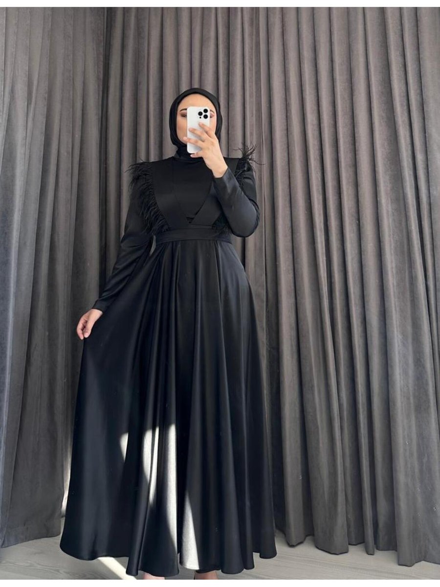 Esilapark Üst Kalite Saten Tüy Detaylı Siyah Tessetür Abiye Elbise