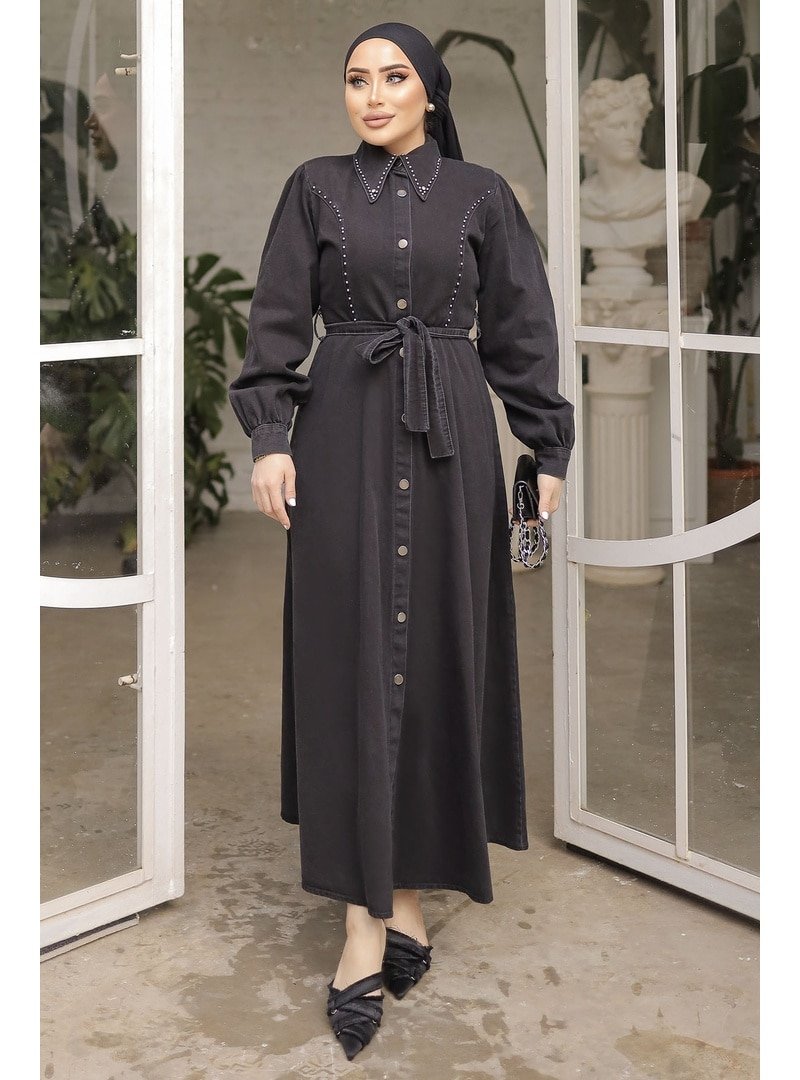 InStyle Siyah Boncuk Detaylı Kuşaklı Kot Elbise