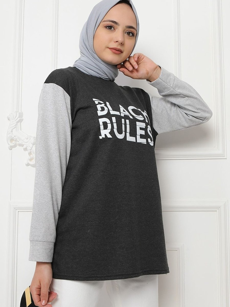 Defne Bahar Black Rules Baskılı Sweat Antrasit