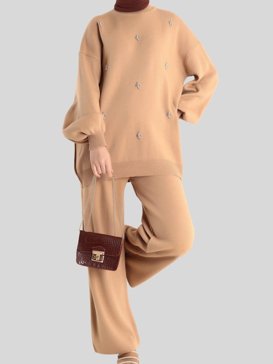 SHE OLIVE Camel Taşlı Triko Tunik Takım Pantolon