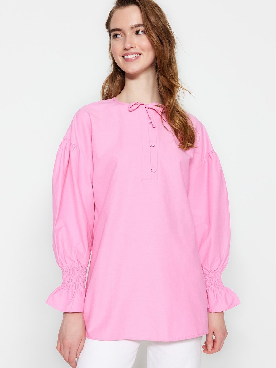 Trendyol Modest Pembe Yakası Bağlamalı Dokuma Pamuklu Tunik
