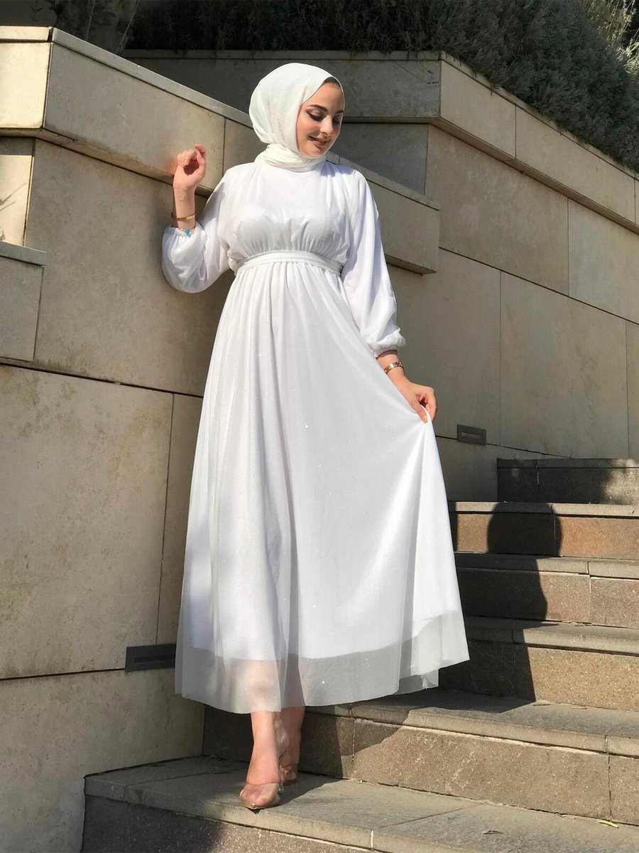 Mervenakyuz Kuşak Detaylı Shine Abiye Elbise Beyaz