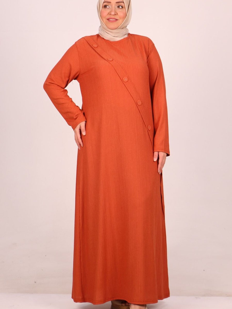 Moda Rosa Kiremit Büyük Beden Düğme Detaylı Bürümcük Elbise