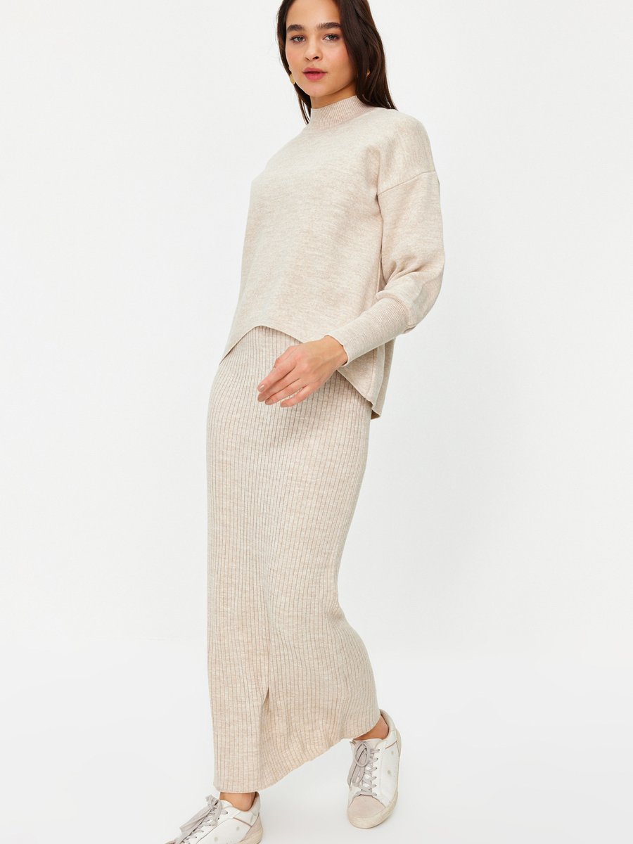 Trendyol Modest Bej Ribana Kazak Elbise 2'li Triko Alt Üst Takım