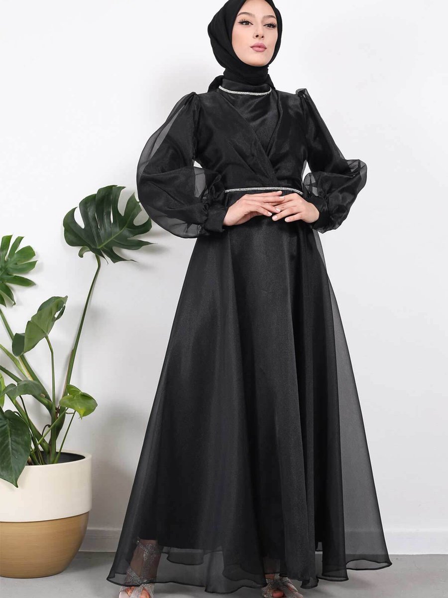 İmajbutik Siyah Yaka Bel Detaylı Tül Abiye Elbise