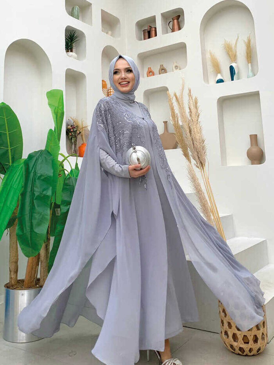 Bym Fashion Taş İşlemeli Desenli Şifon Pelerin Abiye Elbise Takım Gri